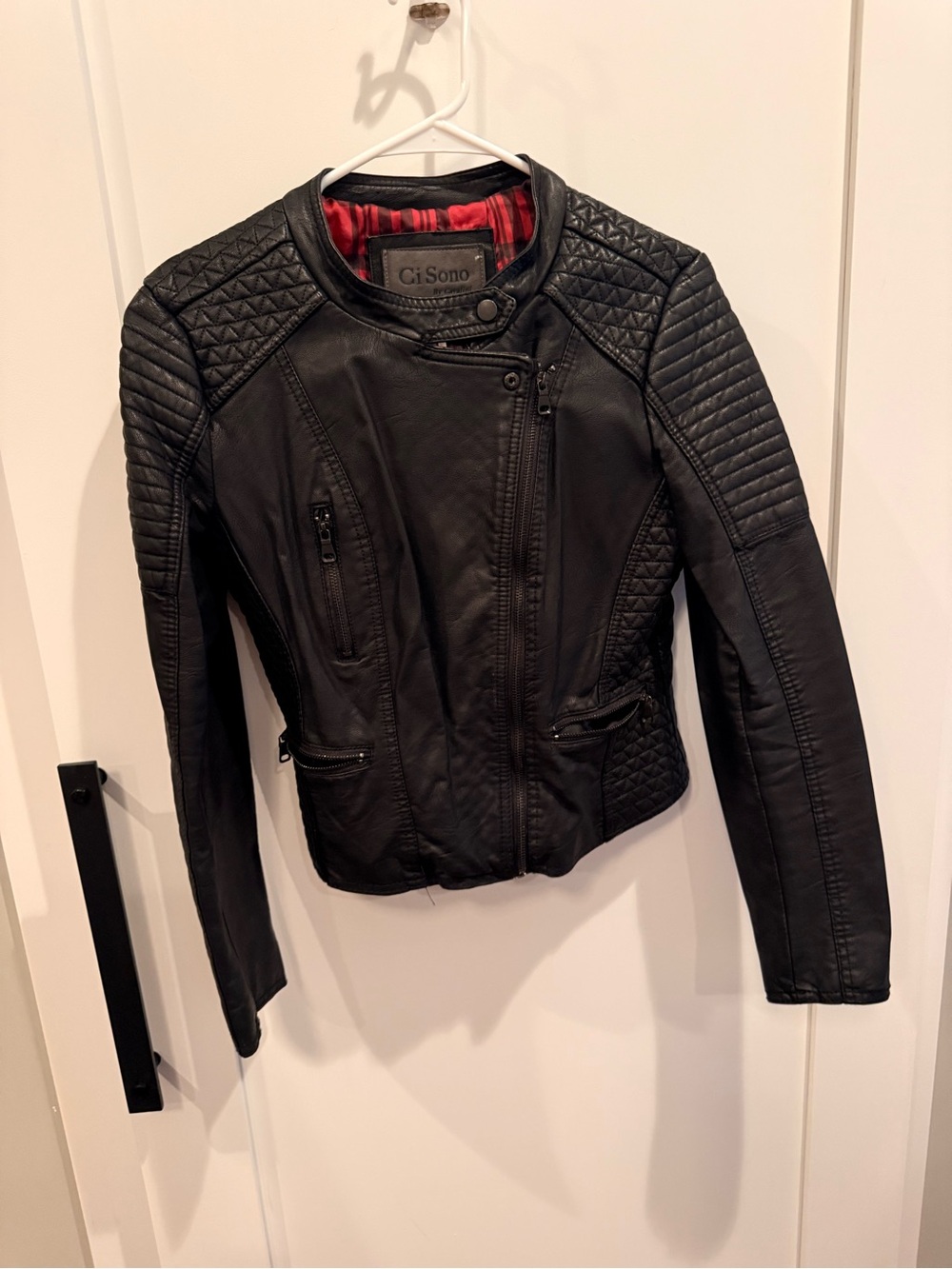 Black Faux Leather Moto Jacket Quilted Plaid Lined Size Medium
